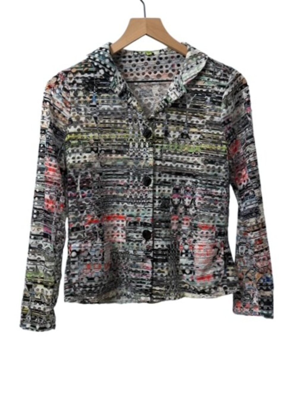 Trisha Tyler Art to Wear Abstract Print Perforated Button Front Top Petite Small